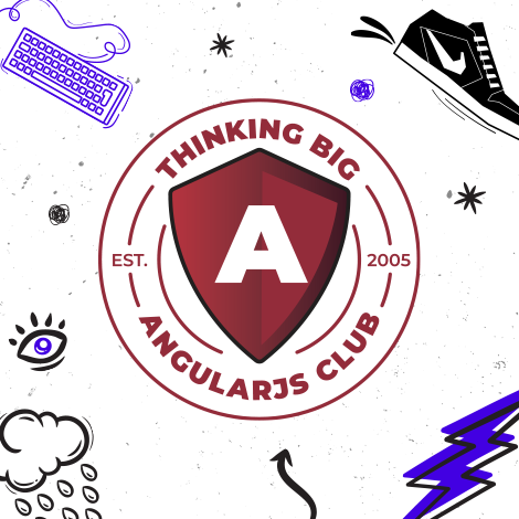 red shield with a white A on top in a red circle with thinking big angularjs club text