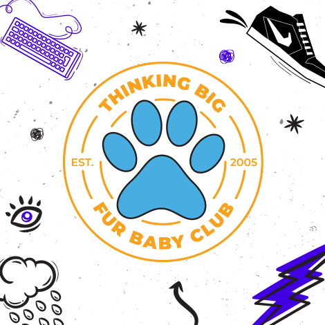 blue paw print in yellow circle with thinking big fur baby club text