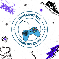 blue video game controller in a blue circle with thinking big gaming club text