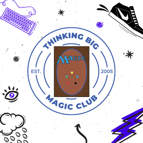 magic the gathering card in blue circle with thinking big magic club text