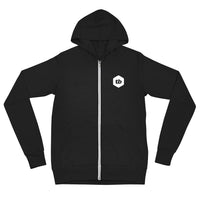 zip up hoodie with thinking big script design on the back and the emblem logo on the front