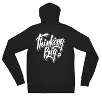 zip up hoodie with thinking big script design on the back and the emblem logo on the front