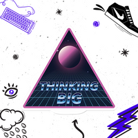 thinking big text with a 80s effect on a space background inside a triangle with a pink outline