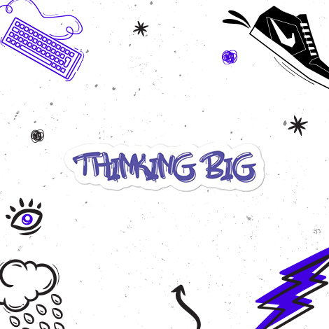 thinking big in spray paint drip font in purple