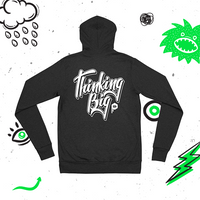 zip up hoodie with thinking big script design on the back and the emblem logo on the front