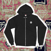 front of black hoodie with small white TB logo on left chest