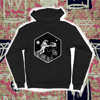 back of black hoodie with astronaut design printed on it