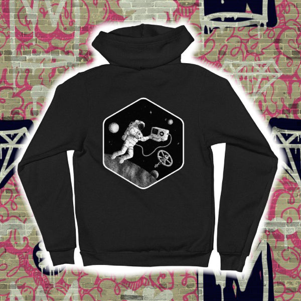 back of black hoodie with astronaut design printed on it